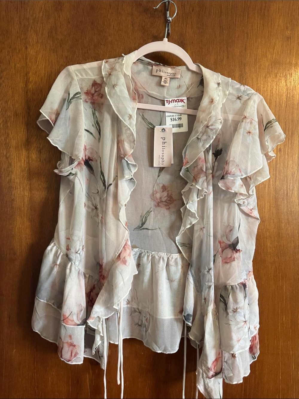 Philosophy Sheer Ruffle Floral Blouse - Cream with Pink & Green Accents